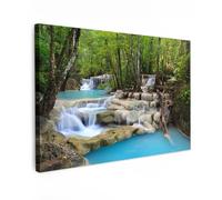 MuchoWow© Impressions sur Toile 90x60 cm Deco Tableau Murale Decoration Salon Peinture Tableaux Chambre Toiles Maison Cascade - Nature - Forêt - Rivière - Bleu - Vert