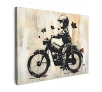 MuchoWow© Impressions sur Toile Deco Tableau Murale Decoration Salon | 40x30 cm - Peinture Tableaux Chambre Toiles Maison Vintage - Street art - Moto - Garçon - Graffiti - Noir - Banksy