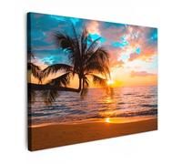 MuchoWow© Impressions sur Toile Deco Tableau Murale Decoration Salon | 70x50 cm - Peinture Tableaux Chambre Toiles Maison Palmier - Coucher de soleil - Horizon - Plage - Mer - Tropical