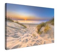 MuchoWow© Impressions sur Toile Deco Tableau Murale Decoration Salon | 90x60 cm - Peinture Tableaux Chambre Toiles Maison Dune - Coucher de soleil - Horizon - Plage - Herbe