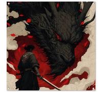 MuchoWow© Poster De Jardin 100x100 cm Deco Exterieur Decoration Balcon Décoration Affiche Murale Extérieur Terrasse Mur Déco Appartement Décorative Guerrier - Dragon - Noir - Rouge - Fumée