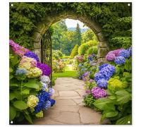 MuchoWow© Poster De Jardin 100x100 cm Deco Exterieur Decoration Balcon Décoration Affiche Murale Extérieur Terrasse Mur Déco Appartement Décorative Vue - Portail - Hortensia - Fleurs