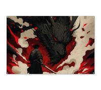 MuchoWow© Poster De Jardin 180x120 cm Deco Exterieur Decoration Balcon Décoration Affiche Murale Extérieur Terrasse Mur Déco Appartement Décorative Guerrier - Dragon - Noir - Rouge - Fumée