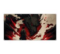 MuchoWow© Poster De Jardin 200x100 cm Deco Exterieur Decoration Balcon Décoration Affiche Murale Extérieur Terrasse Mur Déco Appartement Décorative Guerrier - Dragon - Noir - Rouge - Fumée