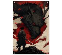 MuchoWow© Poster De Jardin 60x90 cm Deco Exterieur Decoration Balcon Décoration Affiche Murale Extérieur Terrasse Mur Déco Appartement Décorative Guerrier - Dragon - Noir - Rouge - Fumée