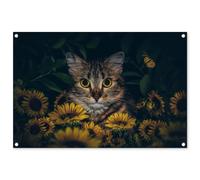 MuchoWow© Poster De Jardin 90x60 cm Deco Exterieur Decoration Balcon Décoration Affiche Murale Extérieur Terrasse Mur Déco Appartement Décorative Chat - Jaune - Fleurs - Botanique