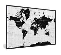MuchoWow Poster encadré Carte du monde - Noir - Blanc - Atlas - Terre - Educatif Tableau deco avec cadre 60x40 cm affiche decoration murale