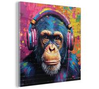 MuchoWow© Tableau en Verre 40x40 cm Décoration Murale Moderne pour Chambre Salle de Bain Salon Idée Cadeau Image Murale Graffiti - Chimpanzé - Art De Rue - Casque - Singe
