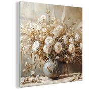 MuchoWow© Tableau en Verre Décoration Murale pour Chambre Salon Maison | 50x50 cm - Appartement Impression sur Déco Moderne Fleurs - Vase - Nature Morte - Beige