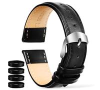 MUCKLILY Bracelet de Montre en Cuir Véritable Lisse, Remplaçable, 20 Mm, Noir, Accessoires pour Hommes, Usage Quotidien et Présent, Boucle Adaptable et 4 Anneaux Cuir Supplémentaires