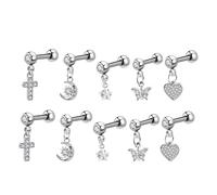 MUCKLILY Ensemble 10 Pièces Boucles D’Oreilles Acier Inoxydable pour Femmes Puces Cartilage Croix Lune Étoile Cœur Bijoux Hypoallergéniques Usage Quotidien Fête