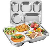 MUCKLILY Lot de 3 Plateaux Repas Compartimentés Acier Inoxydable 5 Compartiments Profond 201, Assiettes Métalliques pour Adultes et Restauration Scolaire, Empilables et Faciles à Nettoyer