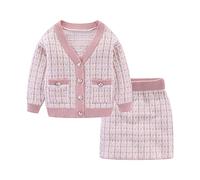 Mud Kingdom Tenue 2 pièces en tricot torsadé à carreaux pour petite fille de 7 à 8 ans, pull boutonné, cardigan et jupe trapèze, rose, Plaid rose., 7-8 ans