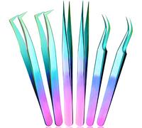 Mudder abc1234 6 Pièces Pince à Épiler Extensions de Cils, Droite en Acier Inoxydable Incurvée Cils Volume Individuel Brucelles d'Isolement (Arc-en-Ciel)