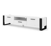 Meuble TV pour téléviseur jusqu'à 70" Moderne, 3 Portes en Bois idéal pour Salon Chambre, Banc TV,1 Niche Ouverte et Passe Câbles Intégré Blanc L 200 X P 43 X H 48 cm Nuka