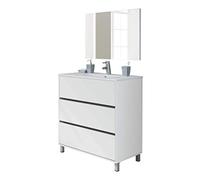 Muebles Pitarch | Ensemble meuble de salle de bain avec lavabo en céramique et miroir inclus, 3 tiroirs, largeur 80cm, avec pieds, Chêne Cambrian, pour lavabo encastré, style Moderne, modèle Kalma