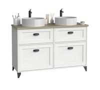 Muebles Pitarch | Meuble de salle de bain double, largeur 120cm, avec pieds, 2 tiroirs à fermeture douce, 2 portes, pour lavabos à poser, Blanc et Chêne Cambrian, style Vintage, modèle Toscana