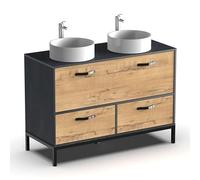 Muebles Pitarch | Meuble de salle de bain double, largeur 120cm, industriel, Noir et Chêne Gold, avec structure à pieds, 2 tiroirs et 1 porte, pour lavabos à poser, modèle Sena