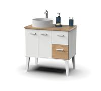 Muebles Pitarch | Meuble de salle de bain, largeur 80cm, avec pieds hauts, 2 tiroirs et 2 portes, pour lavabo à poser, Blanc et Chêne Gold, style Moderne Nordique Vintage, modèle Aqua