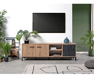 Muebles Pitarch | Meuble TV avec Pieds, 2 Portes, Étagère, 2 Tiroirs, Meuble de Télévision Industriel, Noir et Chêne Gold, 55x180x40cm, Module de Salon, Moderne, modèle Paris