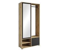 Muebles Slavic Armoire d'entrée avec miroir Dino 90 x 190 cm, entrée, meuble à chaussures, armoire avec porte-manteau, chêne artisan / noir mat