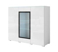 Muebles Slavic Buffet pour salon Vera 120, commode, 3 portes, éclairage LED en option, armoire de rangement (avec LED, blanc/blanc brillant)