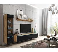 Muebles Slavic Ensemble de Meubles de Salon Vera I, Meuble TV Rangement pour Salon Design, Élégante Vitrine en Verre, Long Banc TV 180cm, Étagère Murale, Stratifié, Wotan et Noir Brillant