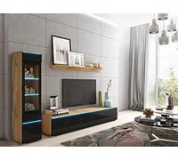 Muebles Slavic Ensemble de Meubles de Salon Vera I, Meuble TV Rangement pour Salon Design, Vitrine avec Éclairage LED, Long Banc TV 180cm, Étagère Murale, Stratifié, Wotan et Noir Brillant