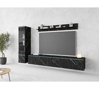 Muebles Slavic Ensemble de Meubles de Salon Vera I, Meuble TV Rangement pour Salon Design, Vitrine avec Éclairage LED, Long Banc TV 180cm, Étagère Murale, Stratifié, San Sebastian Noir