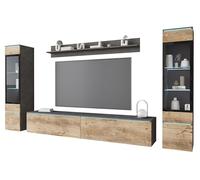 Muebles Slavic Grand Ensemble de Meubles de Salon Vera II LED, Meuble TV Rangement pour Salon, Éclairage, Vitrines en Verre, Étagère, Banc TV, Suspendu ou sur Pieds, Matera et Châtaignier