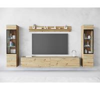 Muebles Slavic Grand Ensemble de Meubles de Salon Vera II LED, Meuble TV Rangement pour Salon, Éclairage, Vitrines en Verre, Étagère, Banc TV, Suspendu ou sur Pieds, Finition Chêne Artisan