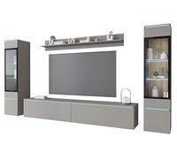 Muebles Slavic Grand Ensemble de Meubles de Salon Vera II LED, Meuble TV Rangement pour Salon, Éclairage, Vitrines en Verre, Étagère, Banc TV, Suspendu ou sur Pieds, Finition Gris Palladium