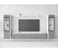 Muebles Slavic Grand Ensemble de Meubles de Salon Vera II, Meuble TV Rangement pour Salon, Vitrines en Verre, Étagère et Banc TV, Suspendu ou sur Pieds, sans Poignées, Blanc et Gris Brillant