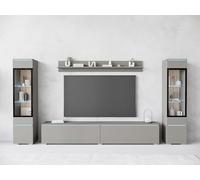 Muebles Slavic Grand Ensemble de Meubles de Salon Vera II, Meuble TV Rangement pour Salon, Vitrines en Verre, Étagère et Banc TV, Suspendu ou sur Pieds, sans Poignées, Finition Gris Palladium