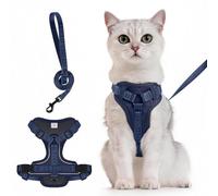Muecleao Ensemble harnais et laisse pour chat, gilet réfléchissant réglable avec élastique au ventre, veste de marche anti-fugue en maille douce et respirante (bleu marine, XL)