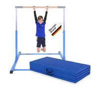 Müller & Blum Barre de Gymnastique Premium pour Enfants, Appareil de Gymnastique réglable en Hauteur pour intérieur & extérieur, capacité de Charge 200 kg, optionnel avec Tapis (Barre Bleu + Tapis)