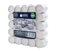 Müller - Bougies chauffe-plat - Paquet de 50 pièces - Durée de combustion de 6 heures - Blanc - Cire non parfumée