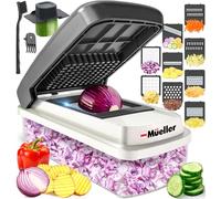 Mueller Hachoir à légumes à 9 lames, mandoline, hachoir à légumes, râpe à fromage, hachoir à oignons, coupe-légumes, hachoir alimentaire avec récipient, gadgets de cuisine et essentiels, sable