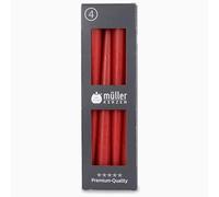 Müller Kerzen - Lot de 4 bougies coniques rouges - Durée de combustion : 7 heures - 22 × 245 mm - Ferme goutte-à-goutte - Faible fumée - Sans parfum - Pour bougeoir et décoration de table - Certifié