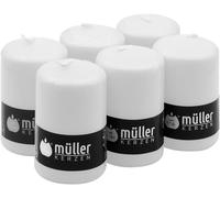 Müller Kerzen Stumpenkerzen Blanc Lot de 6 - 35h de combustion - 68x110 mm - Sans gouttes - Sans parfum - RAL