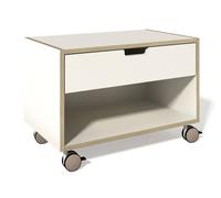 Müller Möbelwerkstätten Table de chevet avec roulettes - mélamine/blanche & bordure en contreplaqué verni de bouleau