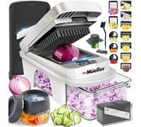 Mueller Pro-Series Mandoline tout-en-un à 12 lames pour cuisine, hachoir à légumes, coupe-légumes et coupe-légumes en spirale, coupe-dés, râpe, gadgets de cuisine avec récipient, sable blanc/gris