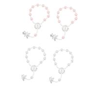 MUELODSIC Lot De 4 Bracelets Chapelet Pour Bébé, Décorations De Baptême, Pendentif Ange Argenté, Acrylique Doux Pour Peau, Baby Shower, Présents Fille, Blanc Et Rose Clair
