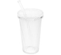 MUELODSIC Verre Transparent à Rayures Verticales avec Couvercle et Paille Gobelet Verre pour Thé Lait et Boisson Fraîche Tasse à Boire Pratique et Décorative Réutilisable