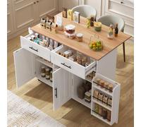 muenfly Armoire de buffet et chariot de service double mode | Chariot de cuisine blanc avec plan de travail pliable et roulettes / pieds | Armoire mobile au design réfrigérateur | 129 x 91,5 cm