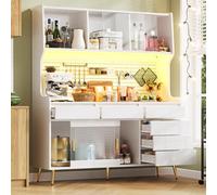 muenfly Armoire haute moderne avec éclairage LED et commande par application, 145 x 39 x 171 cm, portes coulissantes, armoire de cuisine avec tiroir, panneau perforé, buffet pour salon, métal, verre