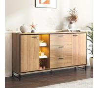 muenfly Buffet haut avec éclairage LED 16 couleurs, 160 cm de long, naturel et noir, armoire de salon, avec 3 tiroirs et étagères réglables, armoire de buffet moderne avec effet lumineux