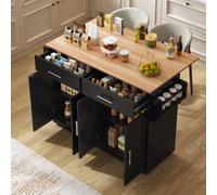 muenfly Chariot de service avec plateau pliable et pieds interchangeables, noir, 2 portes, 2 tiroirs, roulettes pieds en bois, 120 x 46 (70) x 91,5 cm, pour cuisine, salle à manger