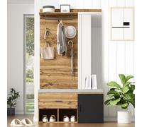 muenfly Ensemble de garde-robe de couloir 190 cm aspect bois | Miroir, armoire à chaussures, tiroir et 4 crochets, solution complète pour l'ordre dans l'entrée
