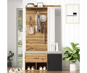 muenfly Ensemble de garde-robe de couloir 190 cm aspect bois | Miroir, armoire à chaussures, tiroir et 4 crochets, solution complète pour l'ordre dans l'entrée